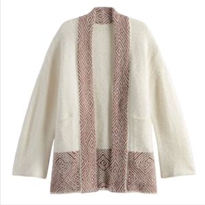 World Market Open Front Cream & Terracotta Diamond Sweater Cardigan Pockets- OS